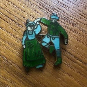 Folk Dancing German Dutch Austrian Pair Blue Green Octoberfest Small Pin Vintage